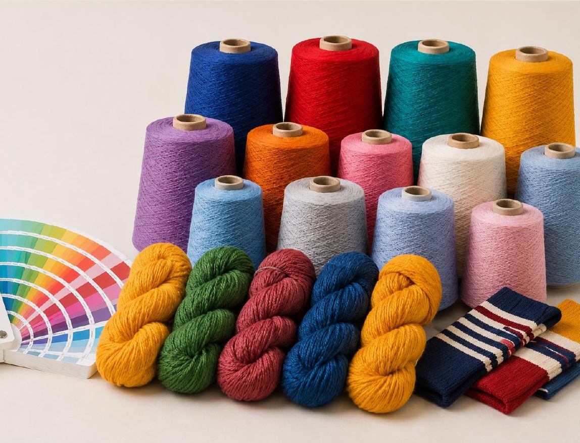 Dyed cotton yarn cones with Pantone matching